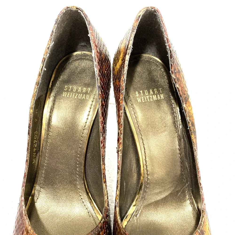 Stuart Weitzman 'Victoria' Brown Python high heel platform peep toe pumps US 9M